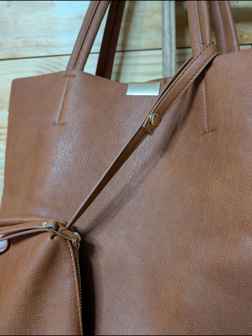 Tan Leatherette Tote Bag with Pouch - Women Bags - Picture 10 of 12